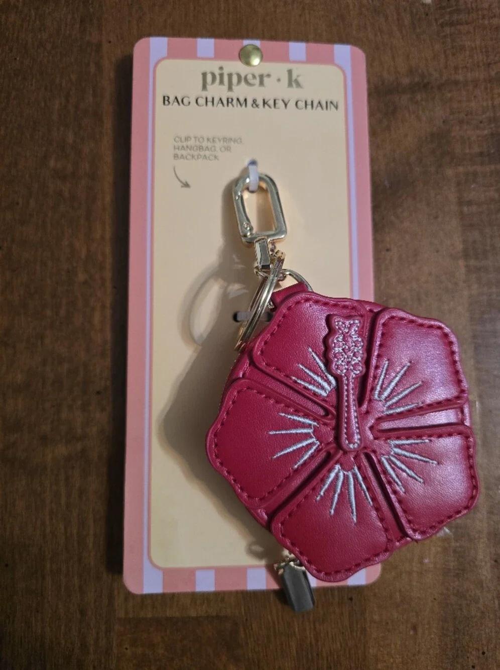 Red Floral Leather Keychain Charm